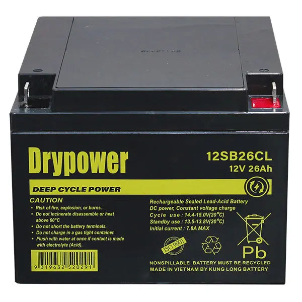 Drypower 12V 26Ah AGM (VRLA) Rechargeable Battery, Center-Lug Terminals - 12SB26CL