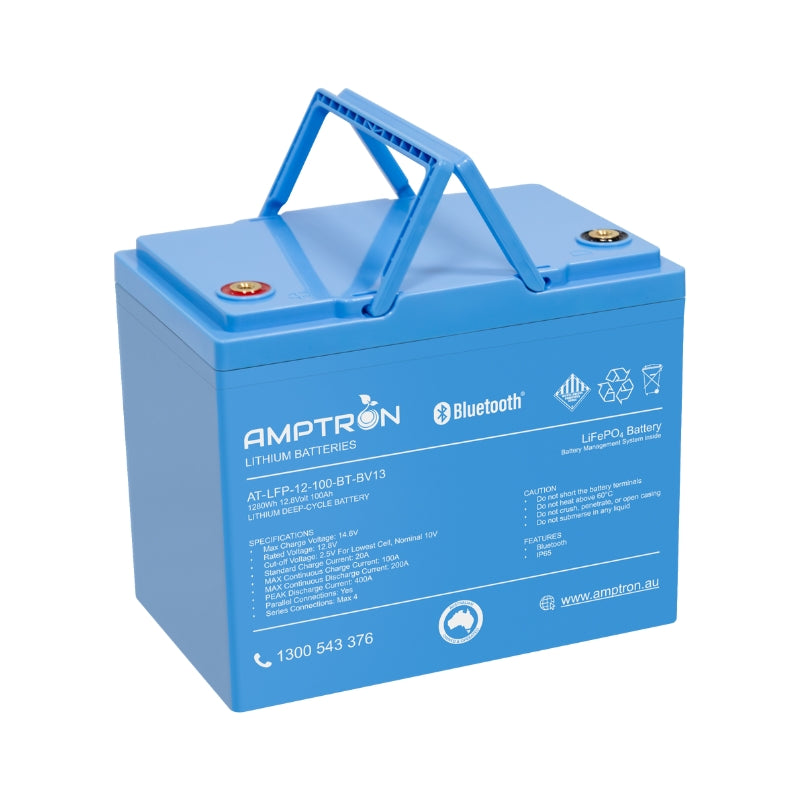 Amptron 12V 100Ah / 200A Continuous Discharge Compact LiFePO4 Battery with Bluetooth Connectivity
