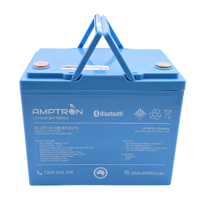 Amptron 12V 100Ah / 200A Continuous Discharge Compact LiFePO4 Battery with Bluetooth Connectivity