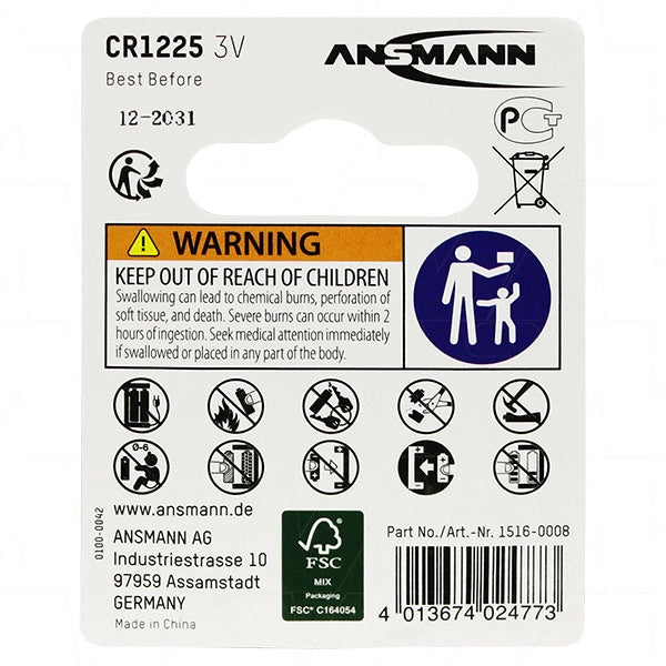 Ansmann CR1225 Lithium Coin Cell Battery