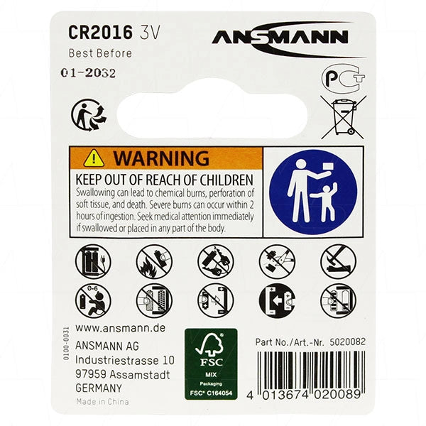 Ansmann CR2016 Lithium Coin Cell Battery
