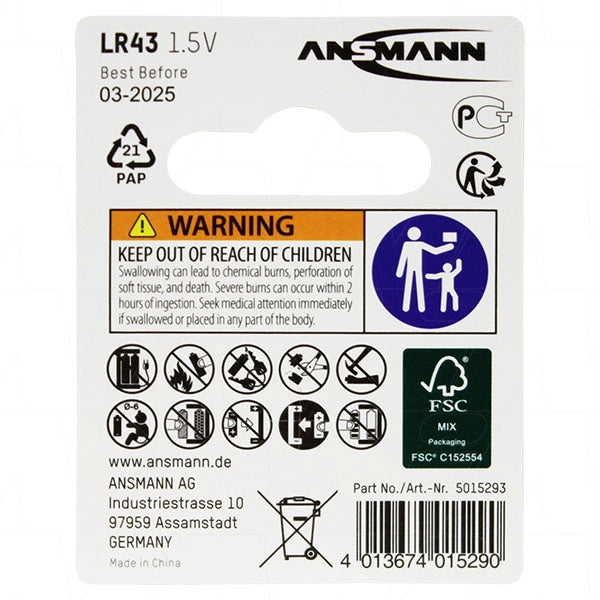 Ansmann LR43 Alkaline Button Cell Battery - 1.5V