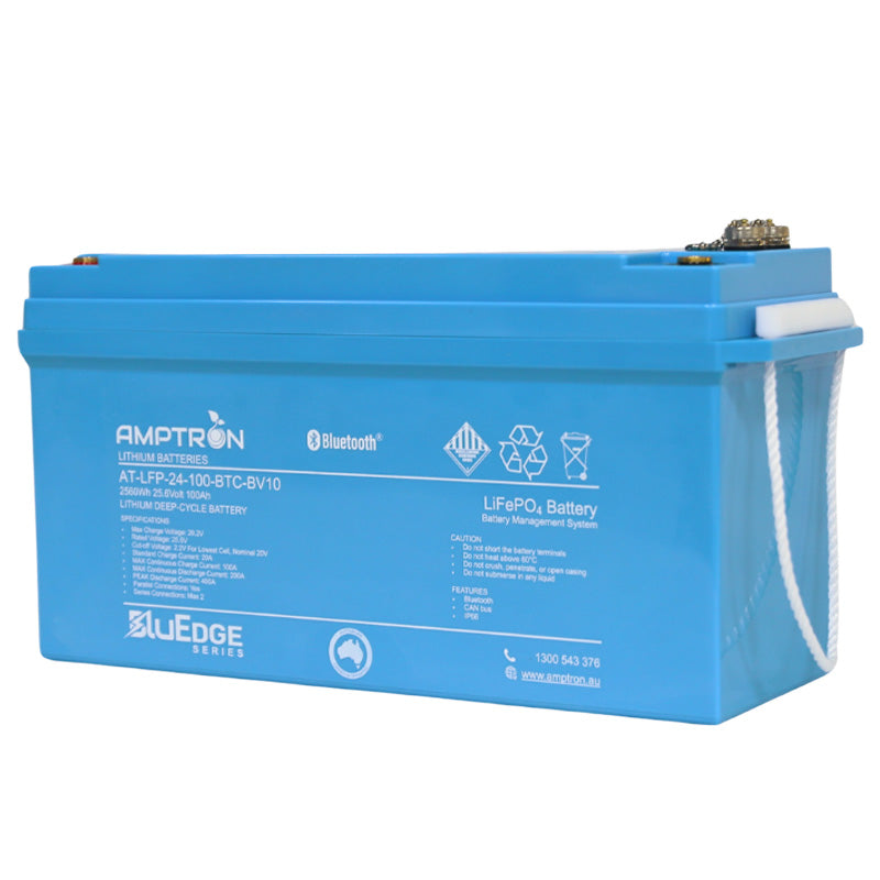 Amptron BluEdge 24V 100Ah / 200A Continuous Discharge LiFePO4 Battery with Bluetooth + RS485 + CAN bus