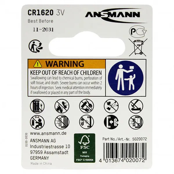 CR1620 Lithium Coin Cell Battery 3V - Single Pack