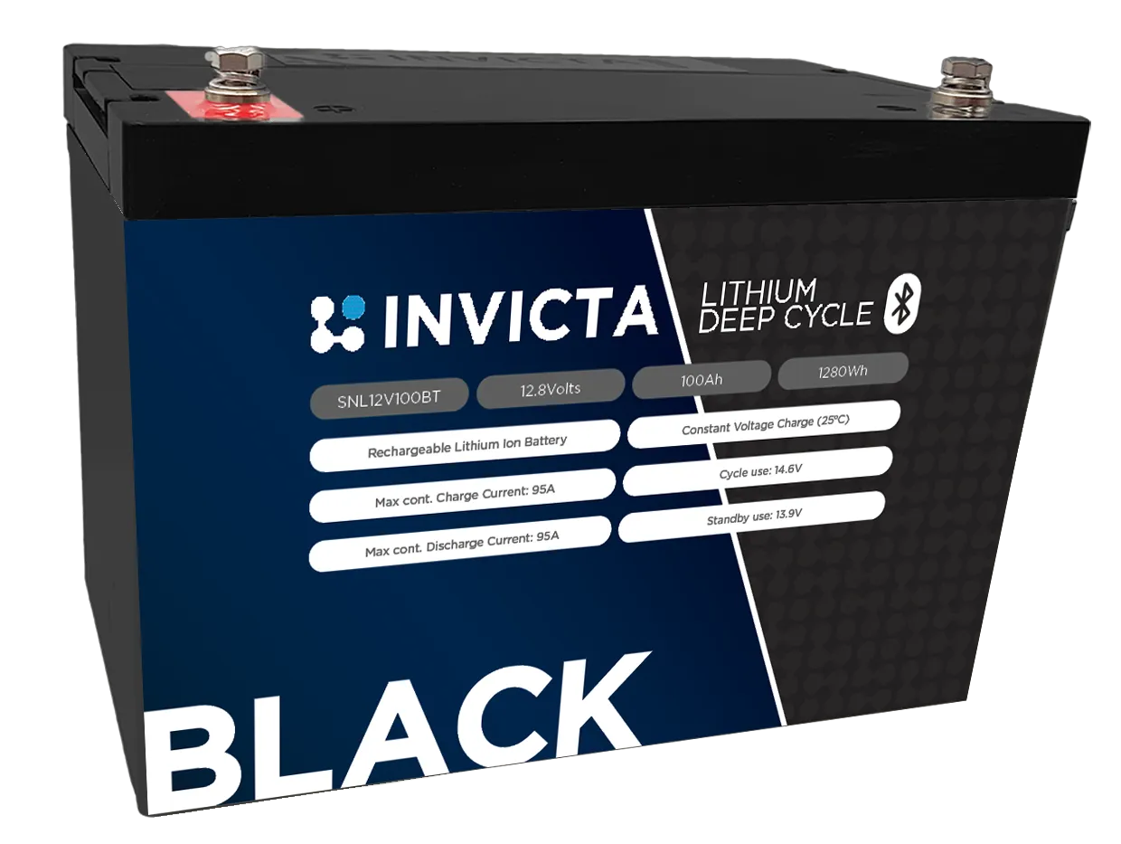 Invicta Black 12V 100Ah LiFePO4 Battery with Bluetooth - Premium Deep-Cycle Lithium