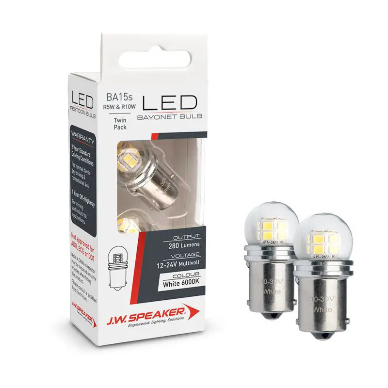 J.W. Speaker LED R5W/R10W BA15S Bayonet 12V 6000K 280lm - 2 Piece Pack