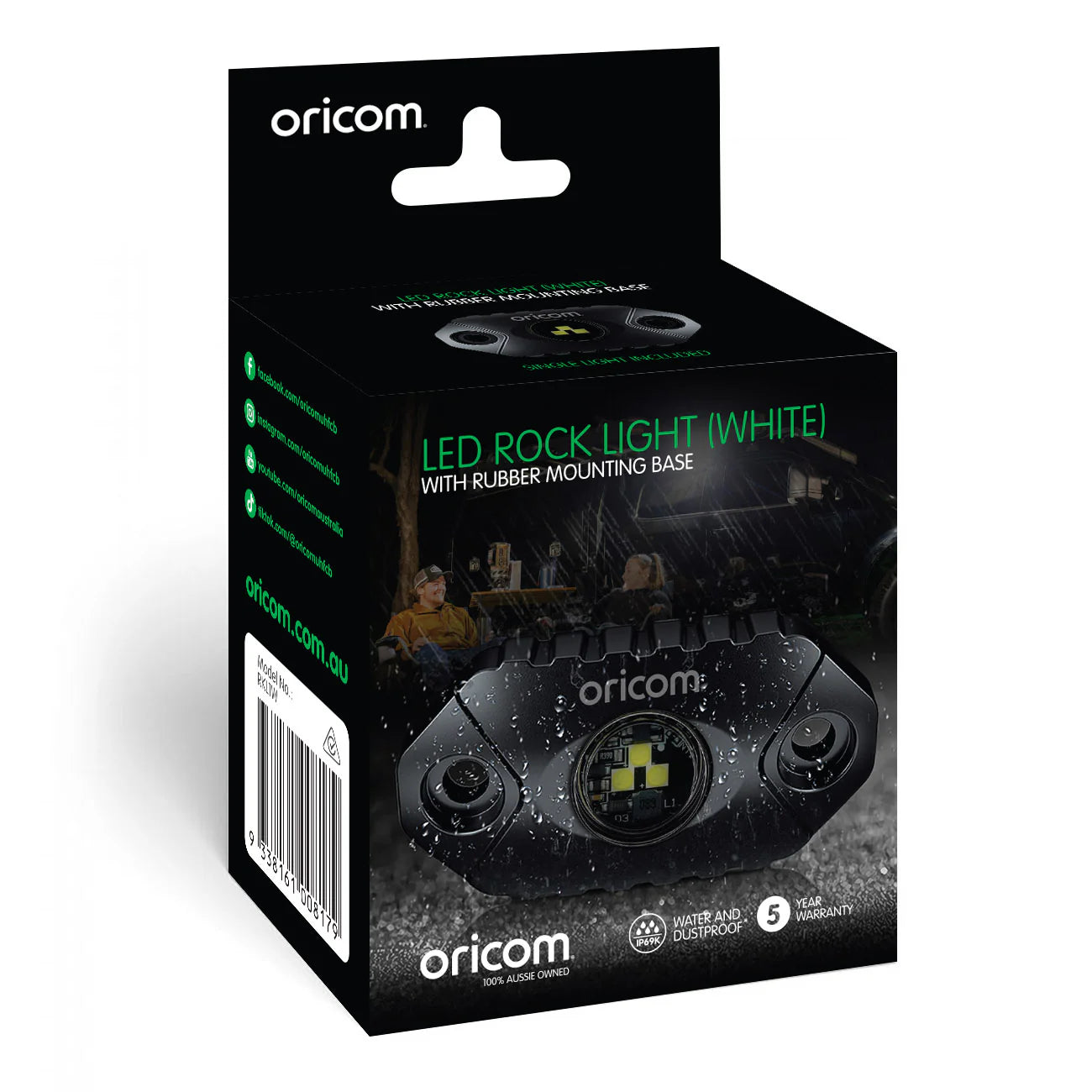 Oricom LED rock light RKL1W packaging with black background