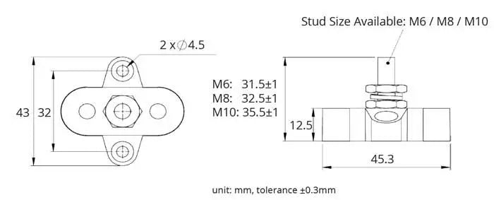 M8X32.5mm Power Post 48V/200A S/S Stud & Washer Nylon & Fibreglass Base