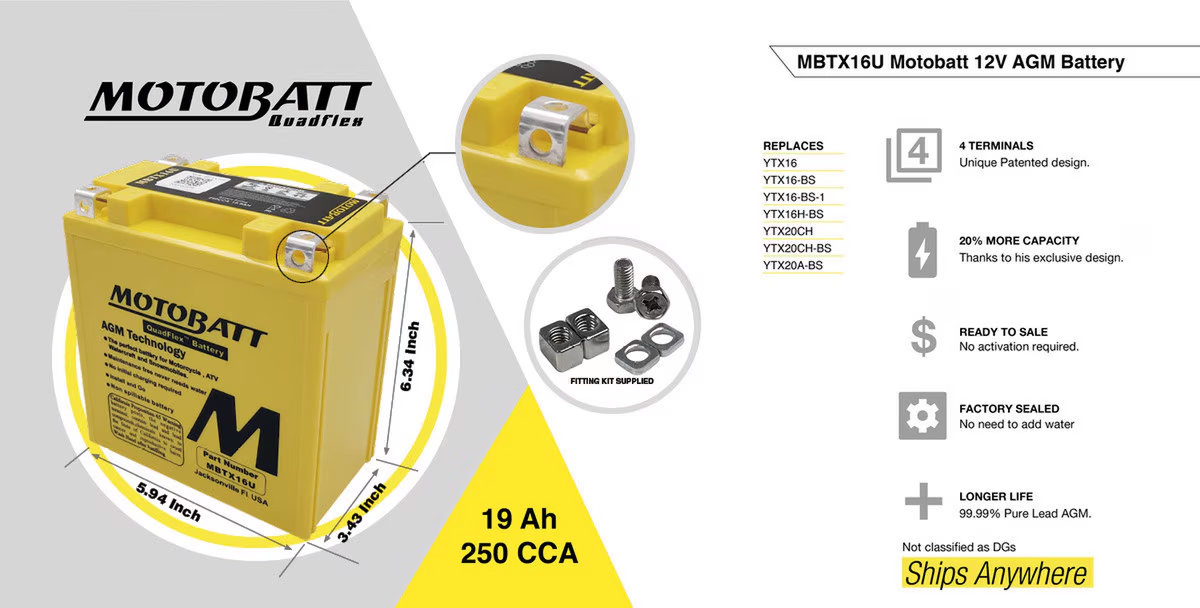 MBTX16U Motobatt 12V AGM Battery
