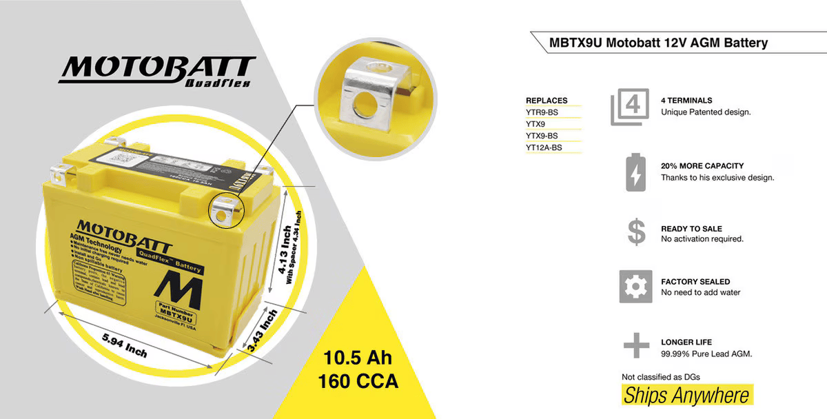 MBTX9U Motobatt 12V AGM Battery