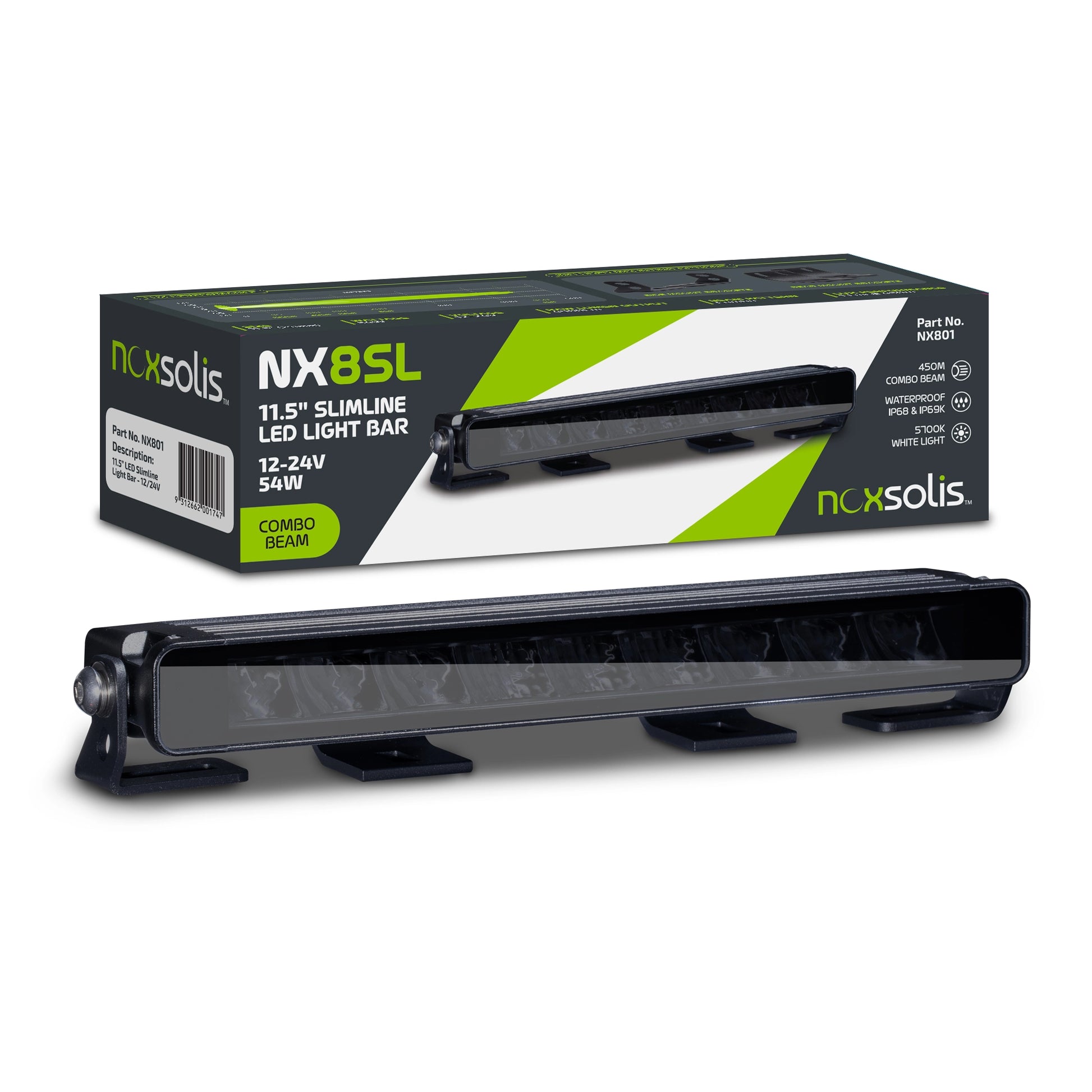 Noxsolis 11.5" LED Slimline Light Bar - 12/24V LED light bar packaging on a white background