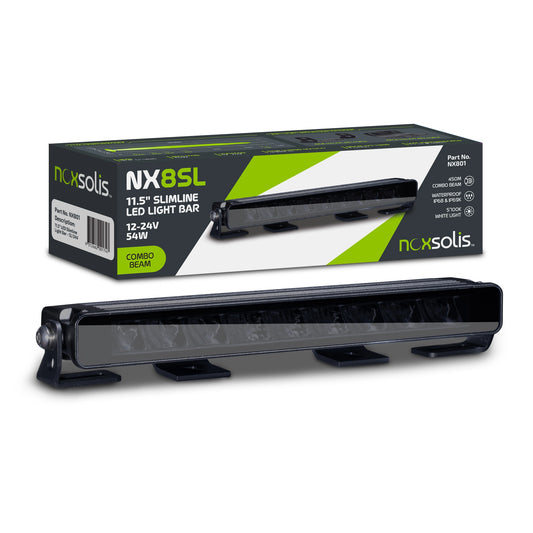 Noxsolis 11.5" LED Slimline Light Bar - 12/24V LED light bar packaging on a white background