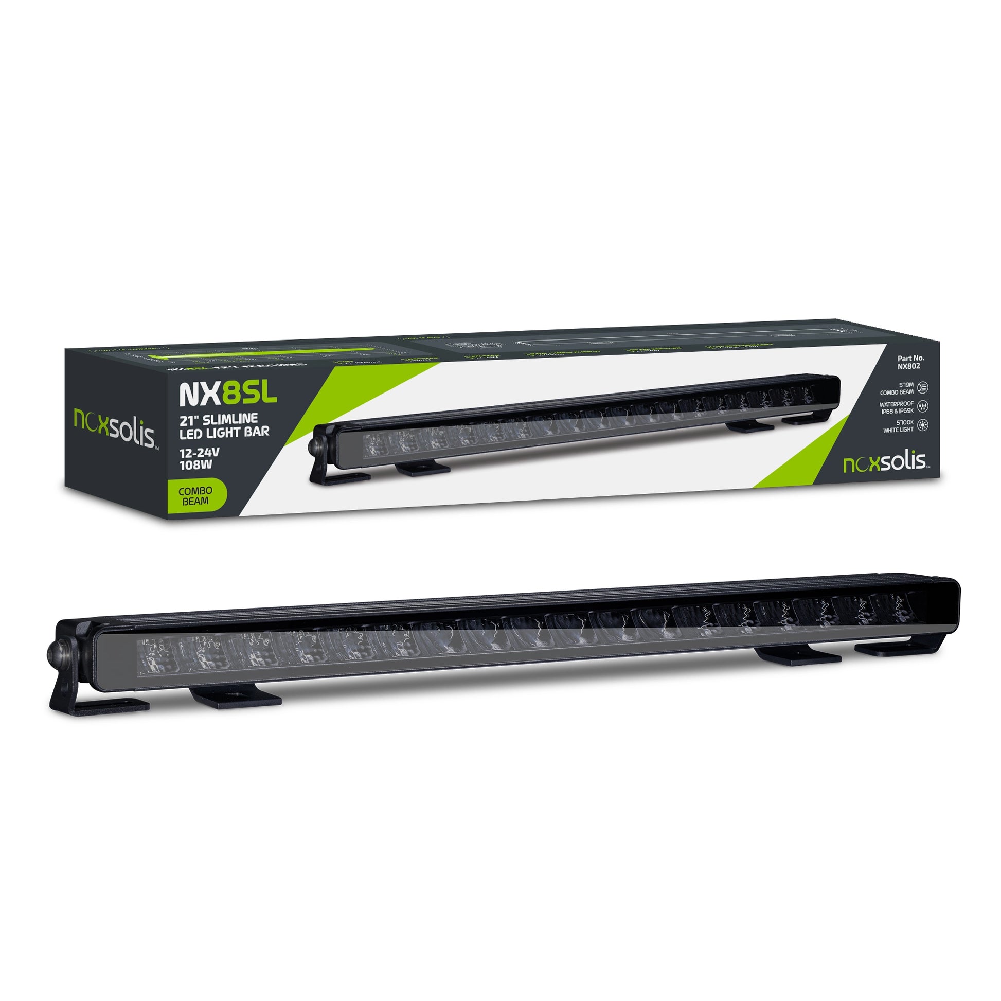 Noxsolis 21" LED Slimline Light Bar - Flood Beam - 8,640 Lumens NX802 with packaging on a white background