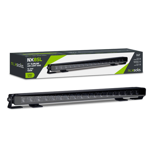 Noxsolis 21" LED Slimline Light Bar - Flood Beam - 8,640 Lumens NX802 with packaging on a white background