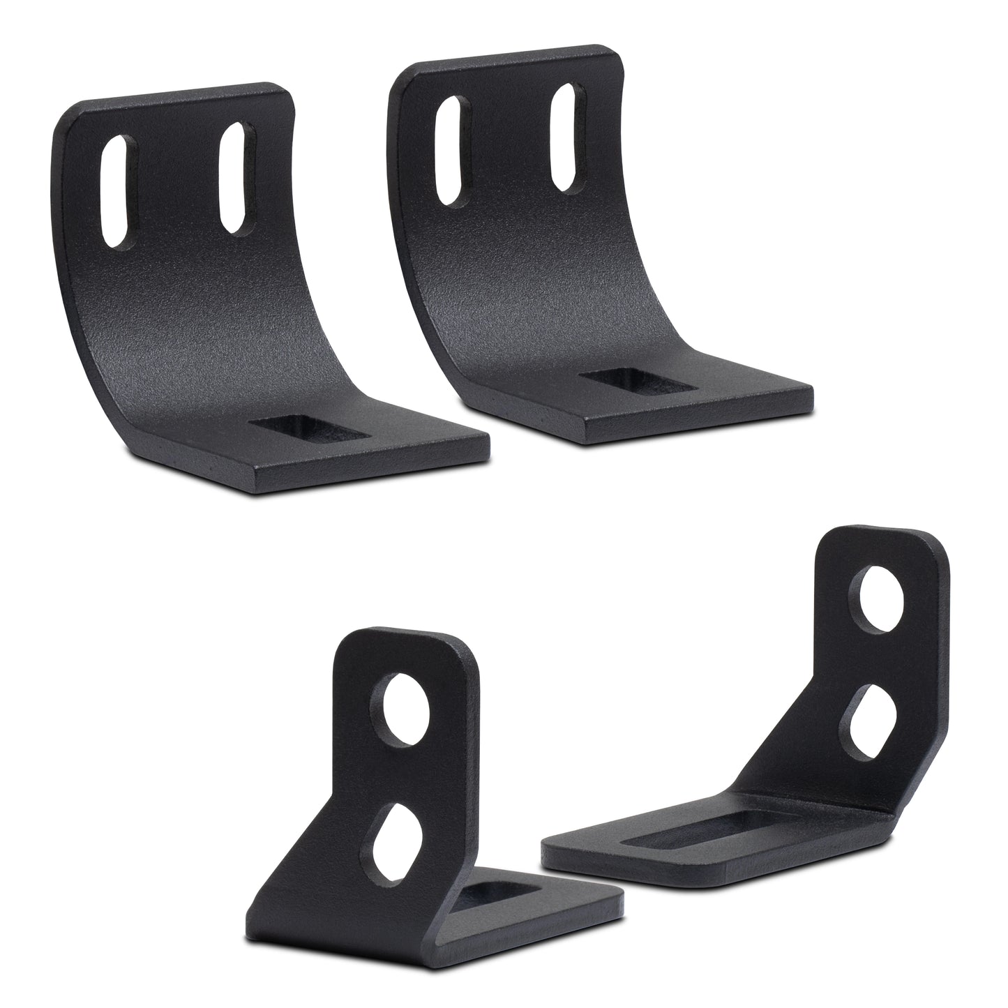 Four black metal brackets for the Noxsolis 21" LED Slimline Light Bar - Flood Beam - 8,640 Lumens NX802 on a white background