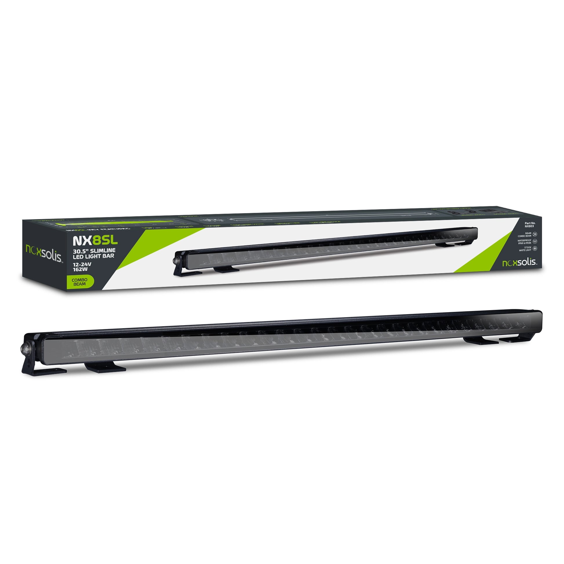 Noxsolis NX803 30.5" LED Slimline Light Bar - Flood Beam - 14,400 Lumens with packaging on a white background