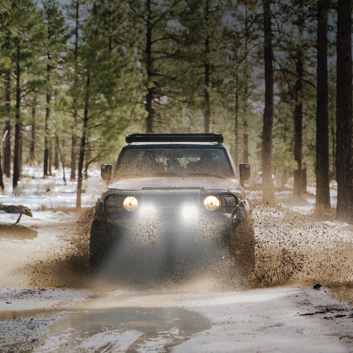 Jeep driving through a muddy forest road with trees in the background and using Noxsolis 9" LED Driving Lights - Spot Beam - 21,000 Lumens (Pair)