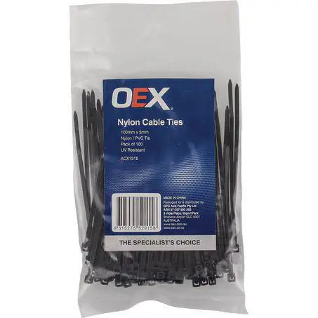 OEX Black Nylon Cable Ties - 2.5mm x 100mm - 100 Pc