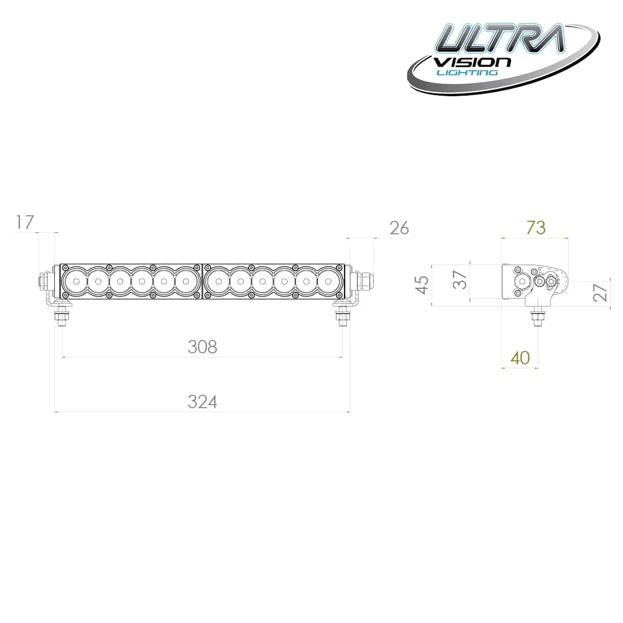 Technical drawing of a Ultra Vision Raptor 60W 15" LED Light Bar - Combo Beam, 5700K with dimensions and Ultra Vision Lighting logo.