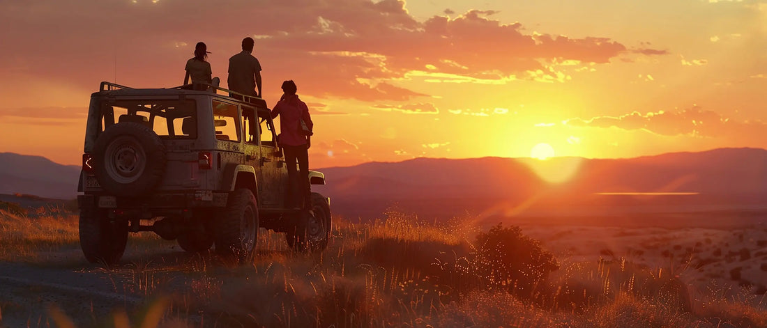 Group of friends on a 4wd adventure at sunset