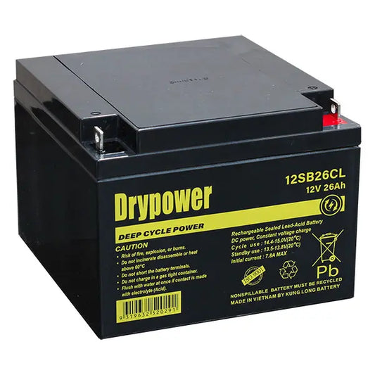 Drypower 12V 26Ah AGM (VRLA) Rechargeable Battery, Center-Lug Terminals - 12SB26CL