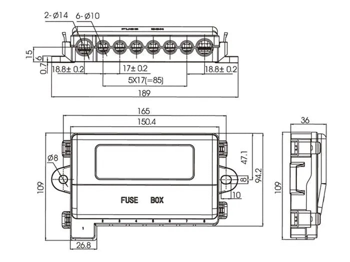 7 Way MIDI Fuse Box with Main Mega Fuse - 150A/CCT 6mm Stud (LV5384)