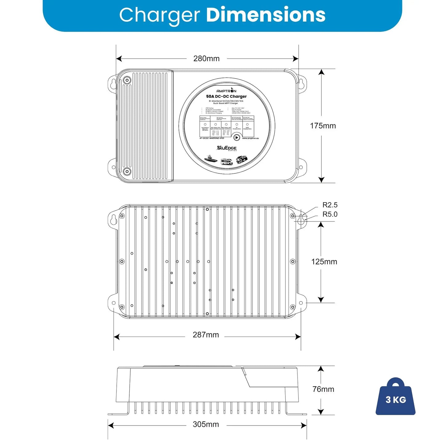 Amptron BluEdge 50A Smart DC-DC Charger 12V-48V Bi-Directional MPPT IP65