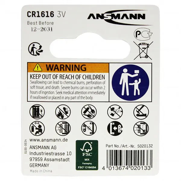 CR1616 Lithium Coin Cell Battery 3V - Single Pack