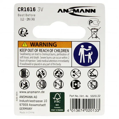 CR1616 Lithium Coin Cell Battery 3V - Single Pack