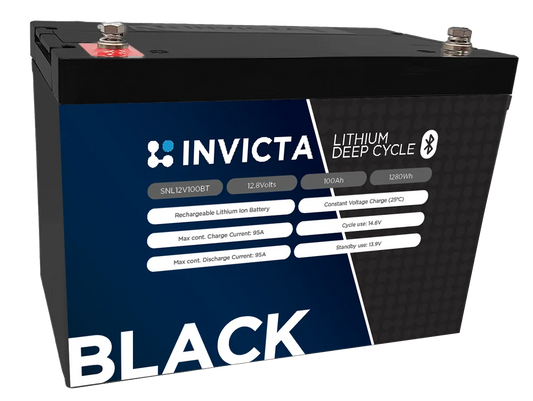 Invicta Black 12V 100Ah LiFePO4 Battery with Bluetooth - Premium Deep-Cycle Lithium