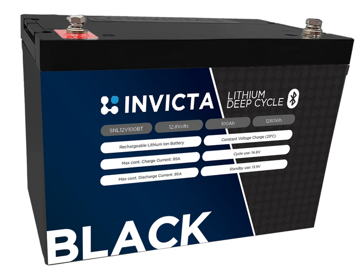 Invicta Black 12V 100Ah LiFePO4 Battery with Bluetooth - Premium Deep-Cycle Lithium
