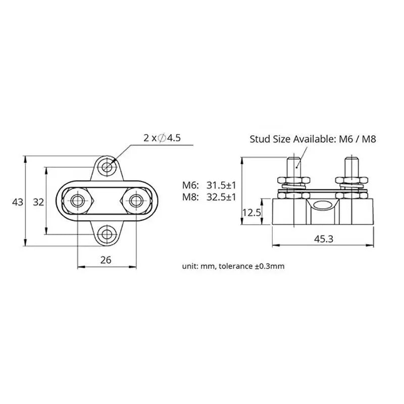 M6X31.5mm Twin Power Post 48V/100A S/S Stud & Washer Tin Plated Brass Link