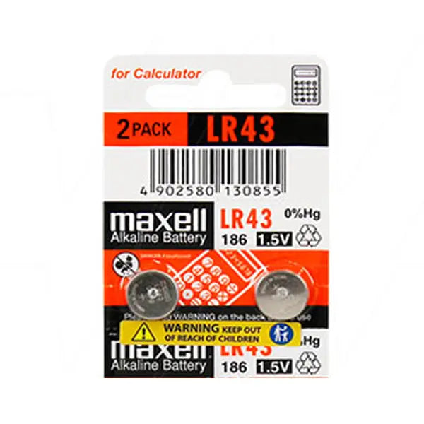 Maxell LR43 Alkaline Button Cell Batteries 1.5V - 2 Pack (AG12 / 186 Equivalent)