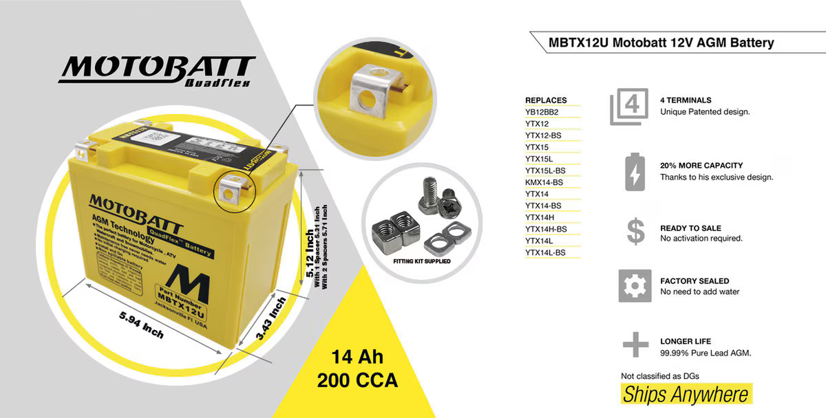 MBTX12U Motobatt 12V AGM Battery