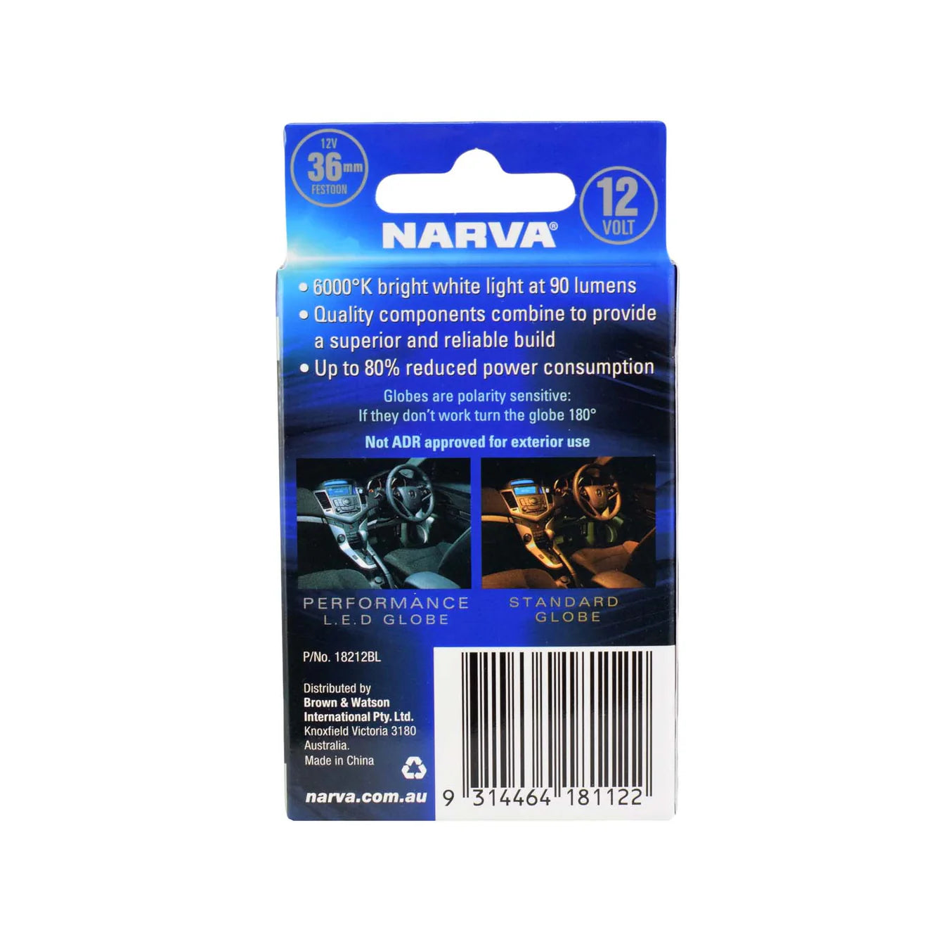 Narva LED Festoon Globe 36mm 12V White Twin Pack (18212BL)