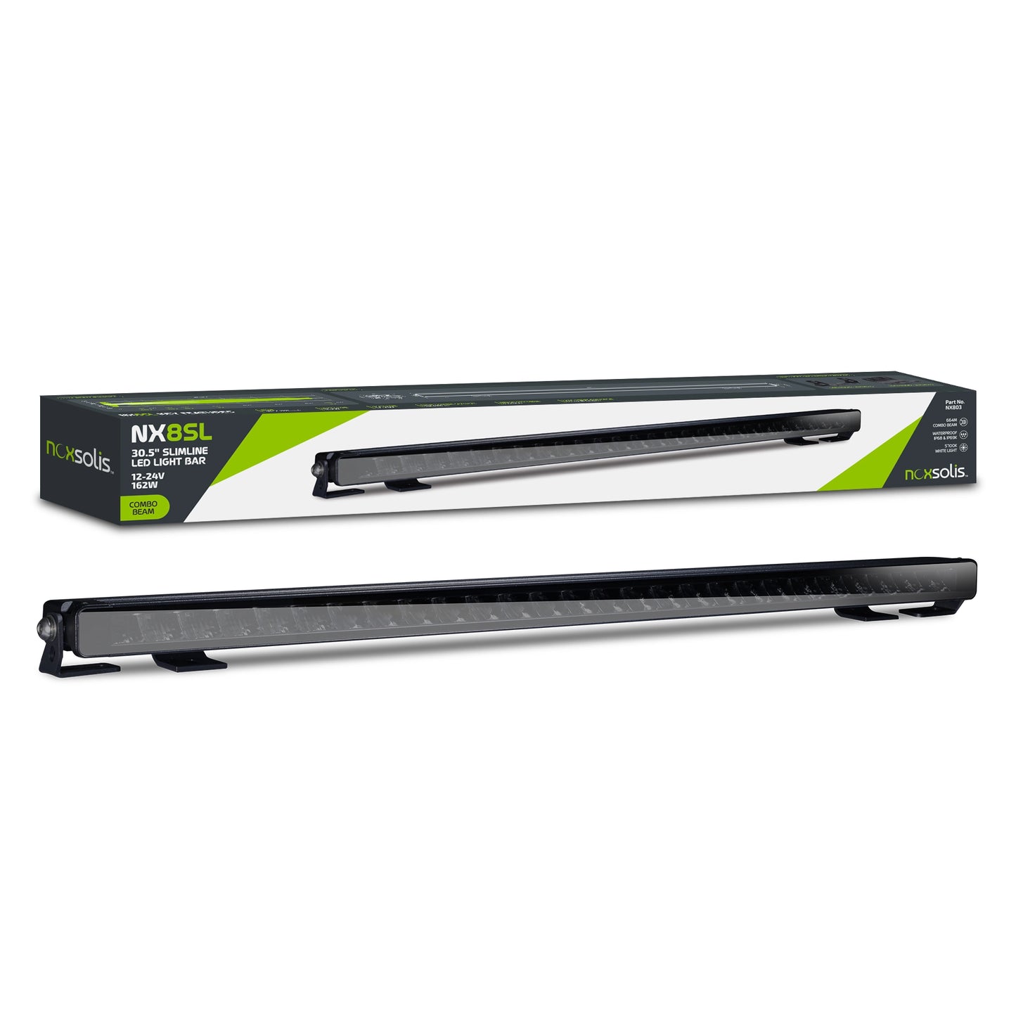 Noxsolis NX803 30.5" LED Slimline Light Bar - Flood Beam - 14,400 Lumens with packaging on a white background