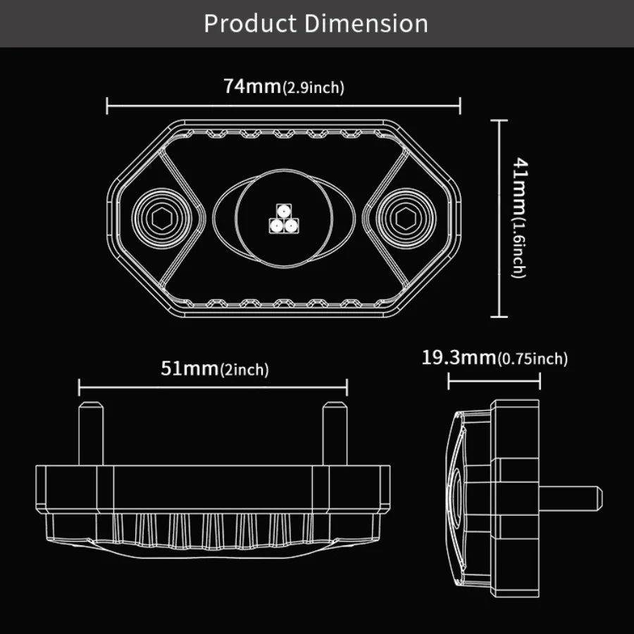 Technical drawing of Oricom LED Rock Light 6 Pack (RGB) model RKLBT6RGB with dimensions labeled