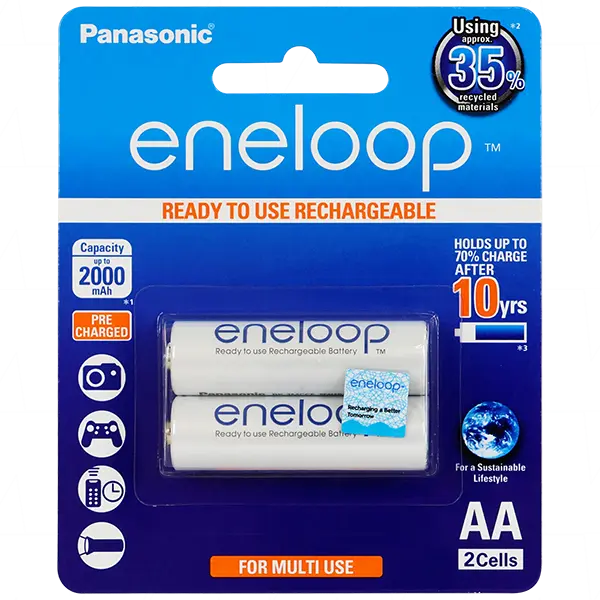 Panasonic Eneloop AA 2000mAh NiMH Rechargeable Batteries - 2 Pack (BK-3MCCE/2BA)