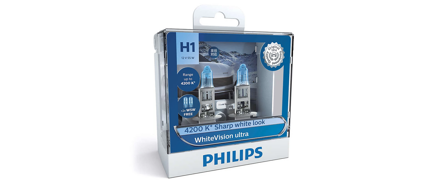 Philips WhiteVision Ultra H1 12V 55W Headlight Globes 4200K Twin Pack 12258WVUSM