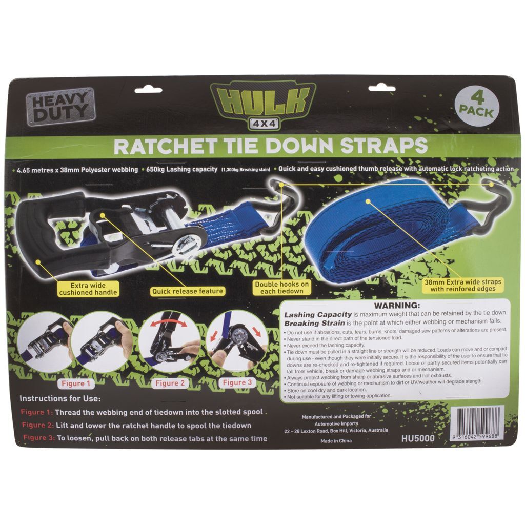 HULK 4x4 Ratchet Tiedown Straps Heavy Duty (4pk)
