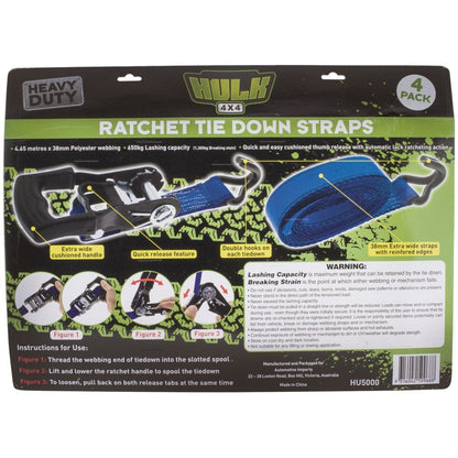 HULK 4x4 Ratchet Tiedown Straps Heavy Duty (4pk)