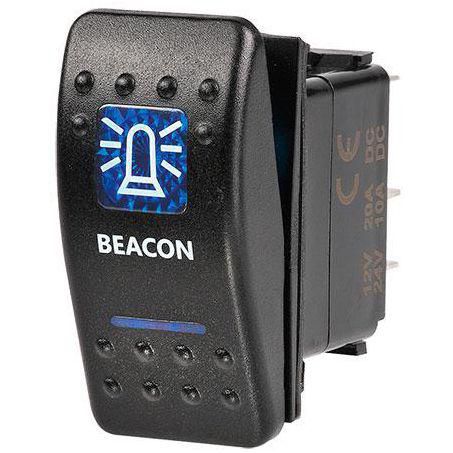 Sealed Rocker Switch Off/On SPDT 12V Blue Illuminated Beacon Symbol (Contacts Rated 20A @ 12V)