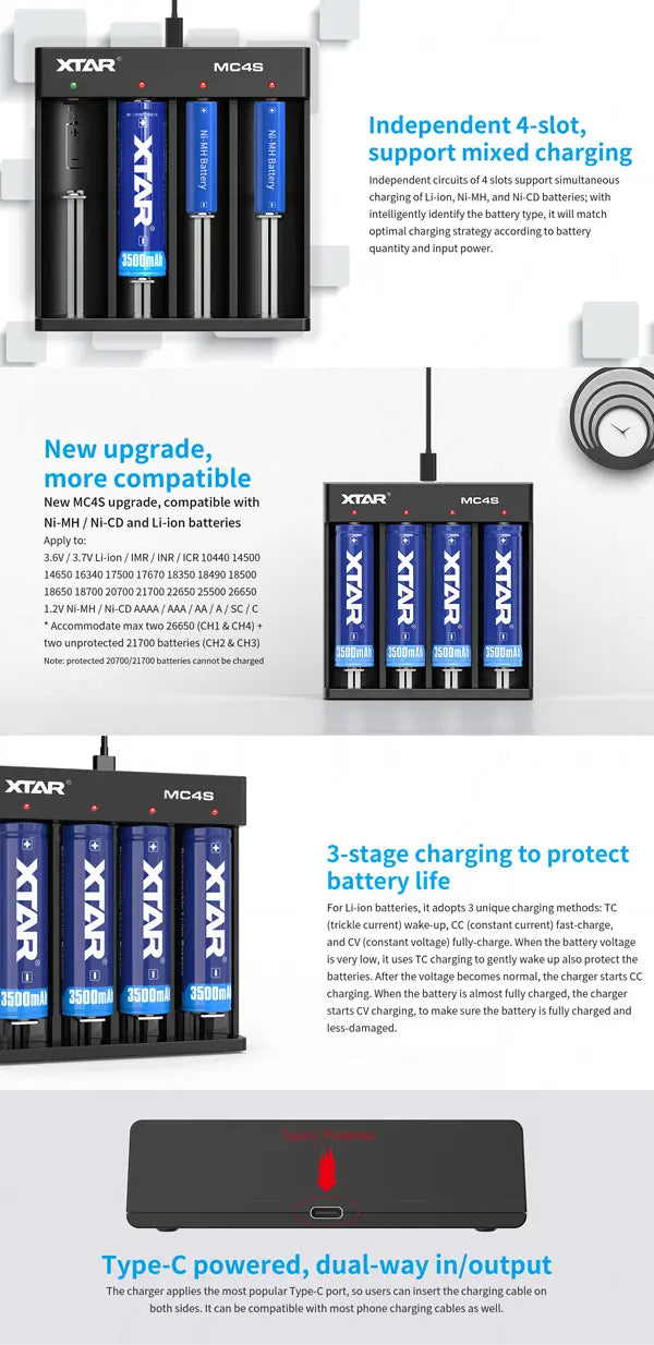 XTAR MC4S USB Lithium-Ion Battery Charger - 4 Bay Smart Charger