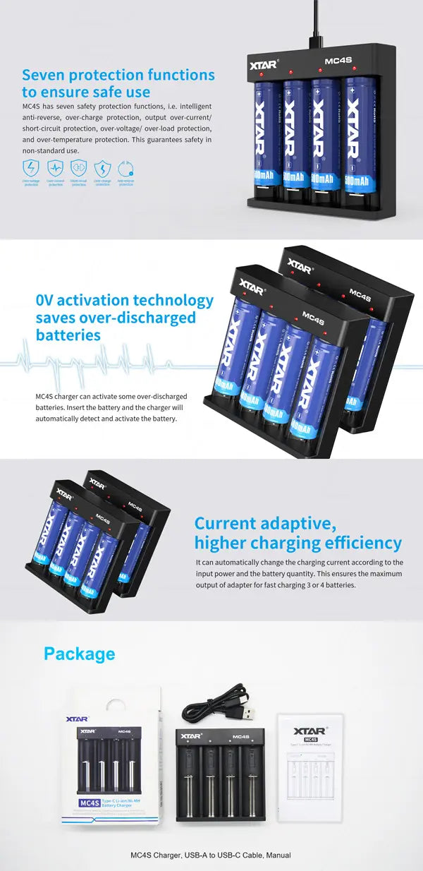 XTAR MC4S USB Lithium-Ion Battery Charger - 4 Bay Smart Charger