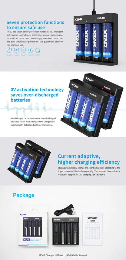 XTAR MC4S USB Lithium-Ion Battery Charger - 4 Bay Smart Charger